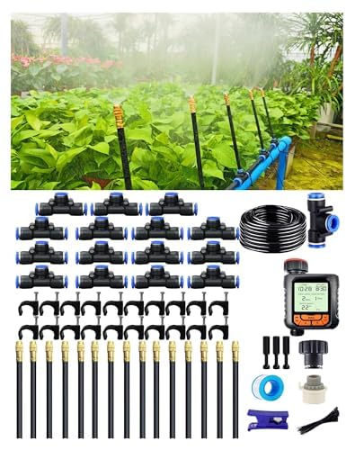 Drip Irrigation System, 360 Adjustable Mist Sprayer Nozzle, High Volume Water Flow Rotating Sprinkler Head for Garden,Patio,Potted Plants,Easy Install, Fine Misting to Jet Spray (65FT+15Nozzles+TIMER)