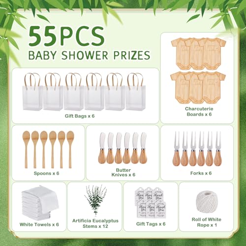 55Pcs Baby Shower Prizes for Game Winners 6 Sets Bodysuit Shaped Cheese Board Gift with Spoons Butter Spreaders Kitchen Towels Bridal Gift Bags Shower Party Favors for Guests (Bodysuit Shaped, 6 Sets)