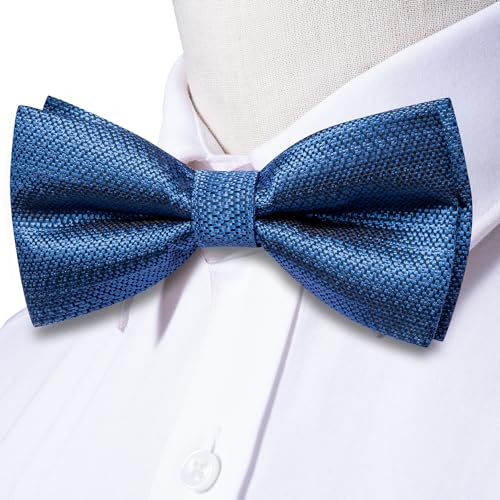 Image of Hi-Tie Blue Pre-Tied Bowties for Men Silk Solid Clip On Men's Bowtie Pocket Square Cufflinks Set for Wedding Party