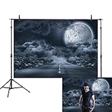 Allenjoy 7x5ft Halloween Backdrop Highway Smoke Dark Clouds Stars Moon Werewolf Zombie Moonlight Rock Horror Night Photography Background Decoration Photo Studio Props
