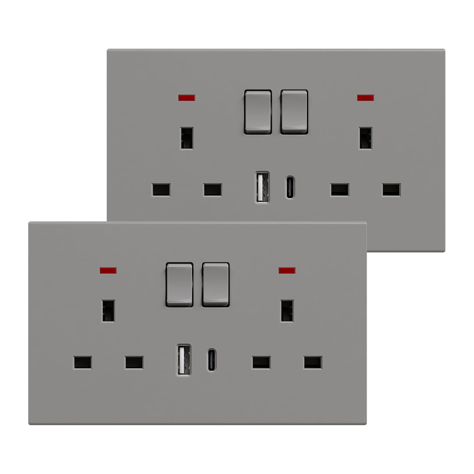 BSEED Double Socket with USB C 2 Pack, Electrical Double Switched Power Plug Wall Socket with LED Indicator, PC Wall Plate Outlet, Grey, 13A