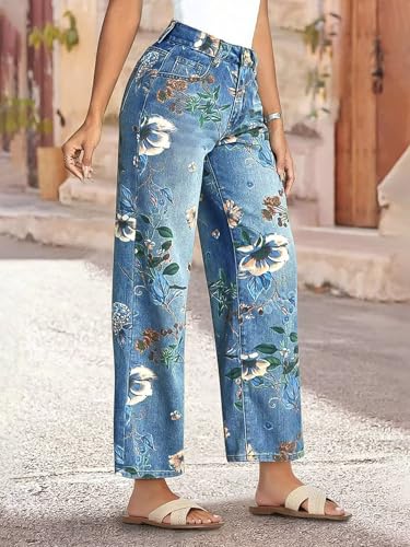 Flamingals High-Rise Vintage Floral Straight Leg Pants for Women Summer Casual Denim Pants2