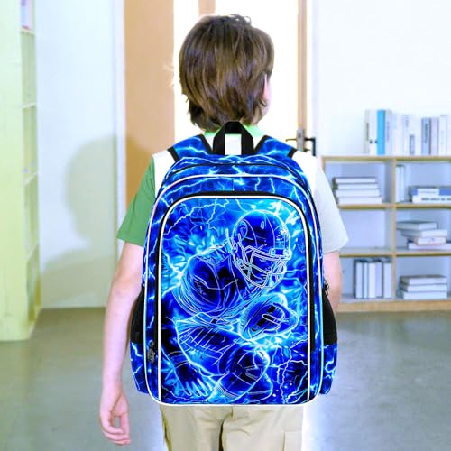 Image of 3Pcs Football Backpack for Boy, 17 inch Lightning Bookbag for Elementary Preschool Kindergarten, Kids School Backpacks with Lunch Box (Blue)