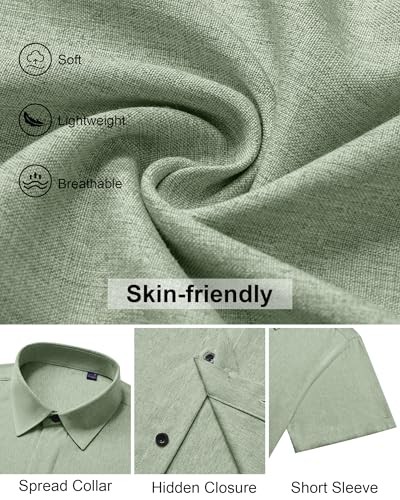 Alimens & Gentle Sage Green Mens Linen Shirt Short Sleeve Button Down Casual Summer Wedding Work Button Up Shirt Large