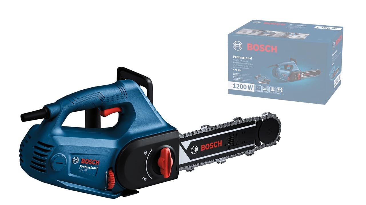 Bosch Professional: piła do bloczków z betonu komórkowego GAC 250 (prędkość łańcucha 12 m/s, rozmiar łańcucha 3/8 cala, długość prowadnicy 250 mm)