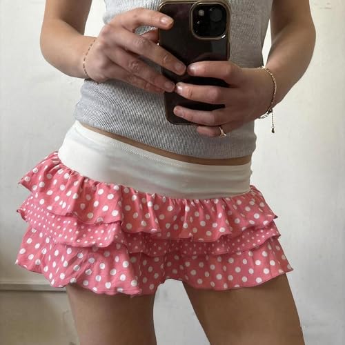 Women Y2k Ruffle Mini Skirt Low Waist Polka Dot Pleated A Line Short Skirt Boho Summer Beach Skirts(Polka Dot Pink,L)2