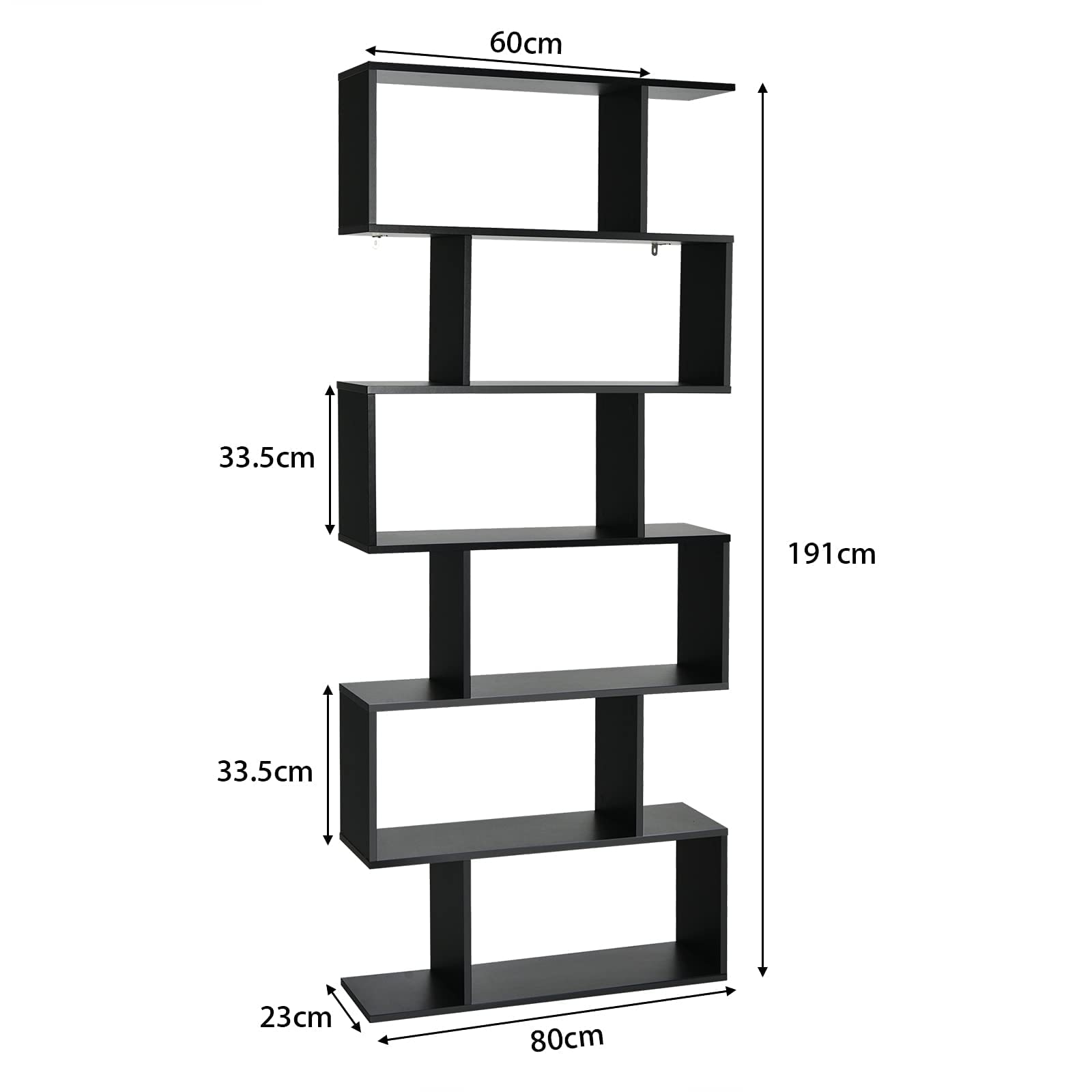 GIANTEX Librería en Forma de S, Estantería para Libros con 6 Estantes, 80 x 23 x 191 cm, Estantería de Almacenamiento Multifuncional, Diseño Antivuelco, para Salón, Estudio (Negro)