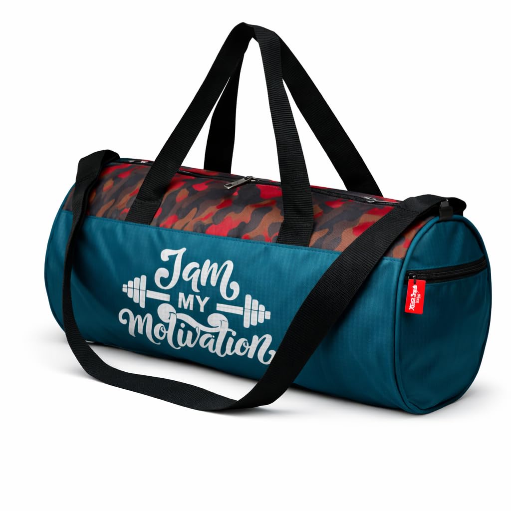 Gym Duffel Bag, I Am My Motivation Print, Teal Blue with Camo Pattern, Black Straps, Sports Travel Bag-image-48