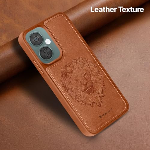 Image of Vaku Luxos Lion Embossed Back Cover Case for OnePlus Nord CE 3 Lite Premium Leather Stitched Soft Shockproof Protective TPU Phone Case Camera Screen Protector- Brown