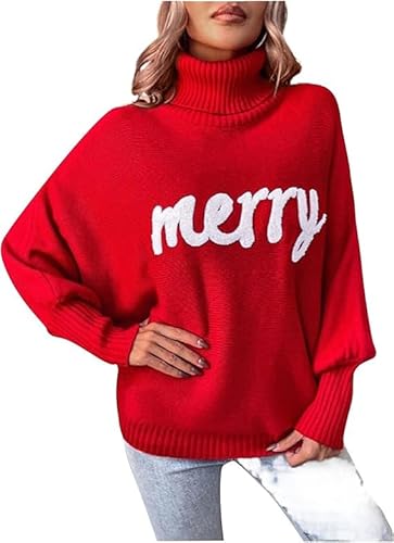 Women Merry Christmas Sweater 2025 Funny Holiday Knitted Sweaters Oversized Turtleneck Batwing Sleeve Xmas Pullover Tops Red