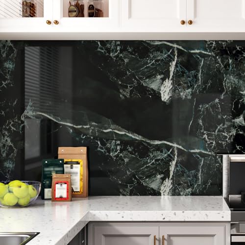 HotDecor Glänzende Marmor Folie Abwaschbare Tapete Schwarz Grün Klebefolie Möbel Küchentapeten Arbeitsplatte Folie Möbelfolie Selbstklebend Schwarze Klebefolie Marmoroptik Für Tisch 40cm x 200cm