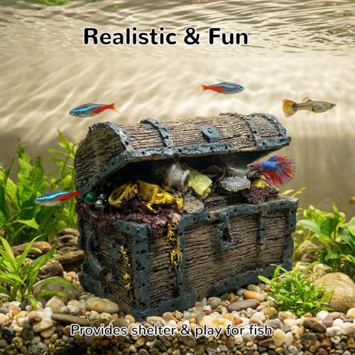 Image of Mipukbay Treasure Chest Fish Tank Decorations, Funny Aquarium Decor Ornament for Small Aquarium and Fish Tank, Safe Landscape Rock Cave for Betta Fish, Goldfish and Aquatic Pets