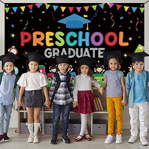 Image of Large Preschool Graduation Party Banner Decorations 72x44 Inch, Kindergarten Graduate Banner Flag Photography Background for Kids Class of 2023 Ceremony Congratulations Grad School Prom Supplies