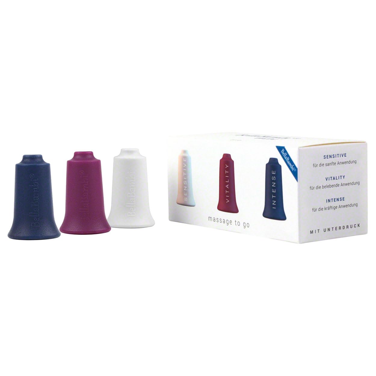 Set de 3 copas de vacío BellaBambi mini | 3 intensidades para masaje, bienestar y para la tensión muscular | para masaje de fascias y puntos gatillo | para todo el cuerpo | blanco, baya, azul