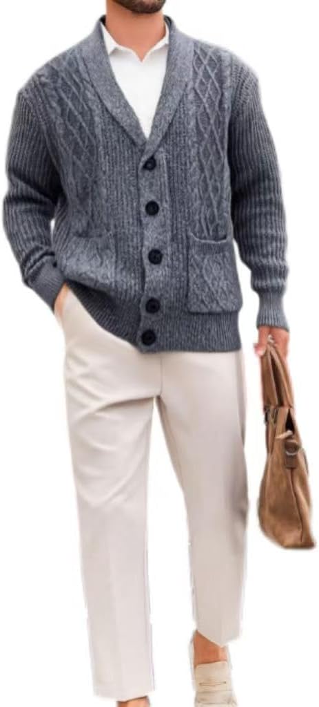 Classic Cable Knit Cardigan Sweater, Gray, Cotton Blend, Button Front, V-Neck, Casual Style, Men's