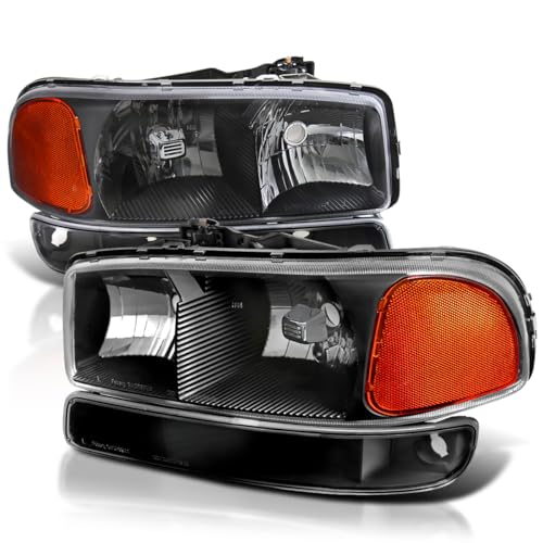 Spec-D Tuning Black Headlights + Bumper Lights Compatible with 1999-2006 GMC Sierra 1500/2500/3500, Left + Right Pair Headlamps Assembly
