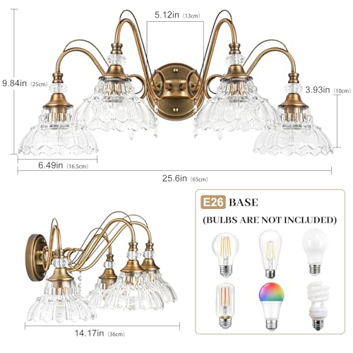 Image of Vintage Bathroom Vanity Light, 4-Light Matte Antique Brass Finish Wall Sconce with Hanging Crystal Accents and Flower-Shaped Clear Glass Shades, Retro Wall Mount Vanity Light Over Mirror for Bathroom