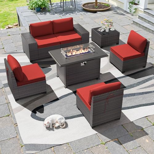 Image of 7 PCS Outdoor Patio Furniture Set,Outdoor Sectional Furniture with 43 inch 55000 BTU Gas Propane Fire Pit Table,All Weather PE Rattan Wicker Patio Conversation Set,Red