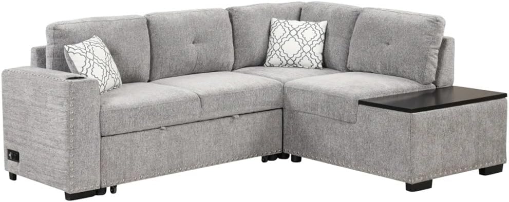 83.8" L-Shaped Sofa,Reversible Sectional Pull-Out Bed,Corner Couch with Storage Chaise, Port