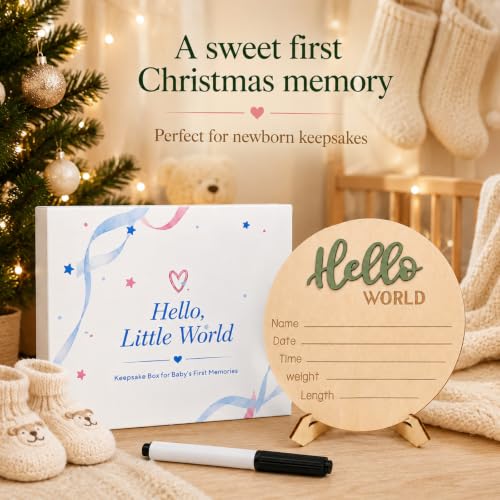 Image of Hello World Baby Announcement Sign Newborn Welcome Plaque Box Set