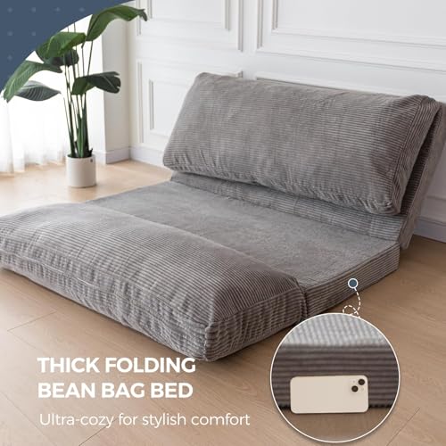 Image of MAXYOYO Folding Sofa Bed, Extra Thick and Long Floor Sofa Convertible Chair with Washable Cover, Floor Couch Lounge Bean Bag Bed for Living Room, Grey, 39x91 Inch