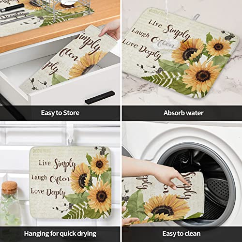 Dish Drying Mat For Kitchen Counter Absorbent Quick Drying Mat, Farm Sunshine Sunflower Vintage Old Newspaper Microfiber Drying Pad Countertop Protector, Easy To Hang- 18 X 24 #TOP3
