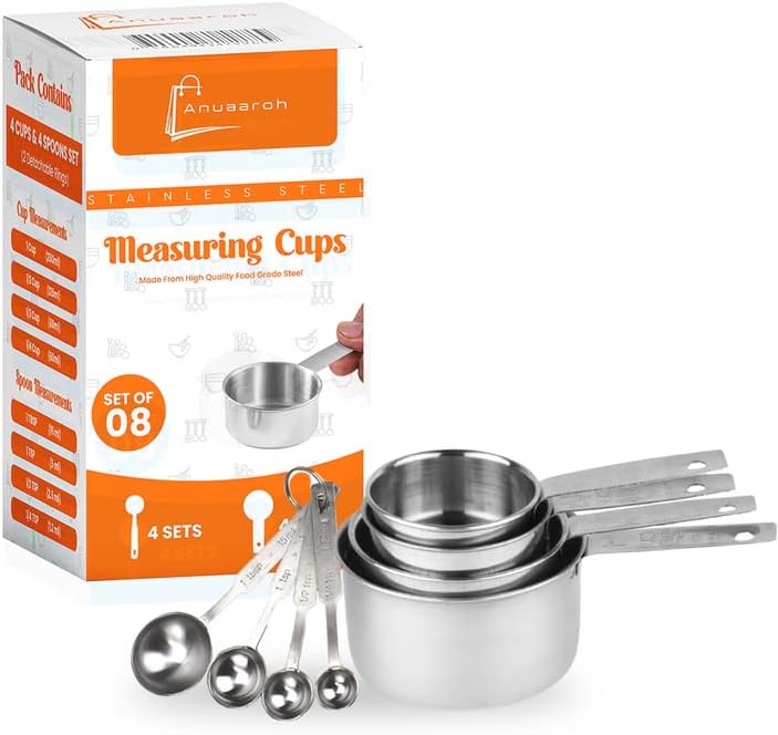Anuaaroh Stainless Steel Measuring Cups & Spoon Combo for Dry or Liquid/Kitchen Gadgets for Cooking & Baking Cakes/Measuring Cup Set Combo with Handles (Set of 4 Cups and 4 Spoons)