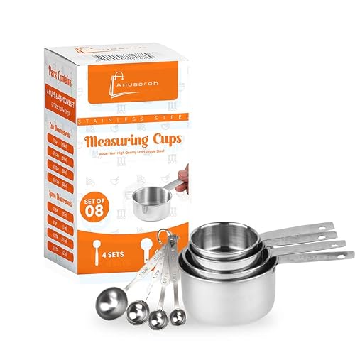 Anuaaroh Stainless Steel Measuring Cups & Spoon Combo for Dry or Liquid/Kitchen Gadgets for Cooking & Baking Cakes/Measuring Cup Set Combo with Handles (Set of 4 Cups and 4 Spoons)
