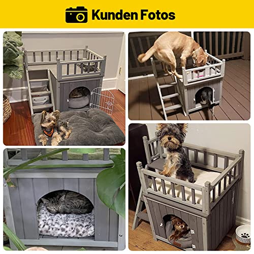 Katzenhaus Hundehaus Katzenhöhle 2-Schicht,Verbindung mit Terrasse und Treppe für drinnen und draußen 69.5x48.5x65.5 cm