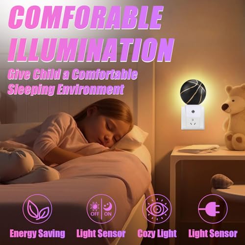 Image of Basketball Night Light Sport Ball Night Lights LED Lamp Round Plug into Wall Nightlight with Dusk to Dawn Sensor Home Hallway Stairway Kitchen Decor