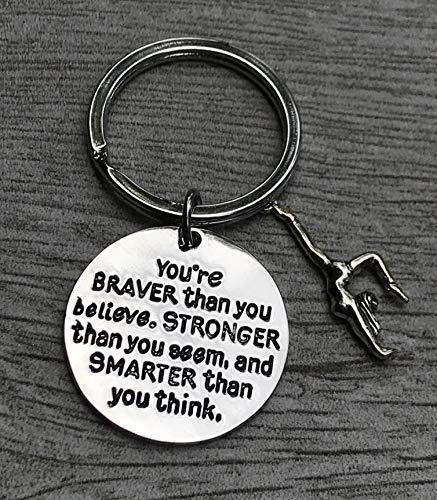Gymnastics Charm Keychain, Inspirational You’re Braver Than You Believe, Stronger Than You Seem & Smarter You Think Jewelry, Gymnastics Gifts for Gymnasts, Teams and Coaches