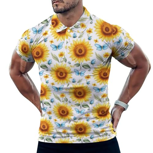 Polo de golf pour homme imprimé tournesol bleu et papillon - Coupe sèche respirante