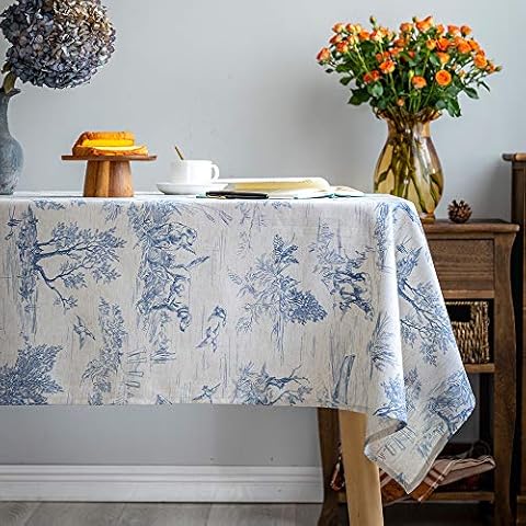 GLORY SEASON Rustic Tablecloth Classic French Village Printed Linen Fabric Table Cover Farmhouse Decoration 55x120 Inches Rectangle/Oblong Blue for Kitchen Dining Cover