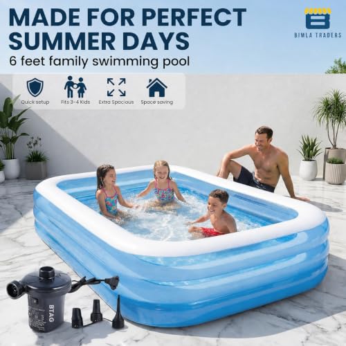Image of Btag Premium Inflatable Family Swimming Pool for Kids & Adults | Extra-Large 6 Feet 3-Layer Striped Bath Tub with Electric Air Pump for Home & Outdoor Use.