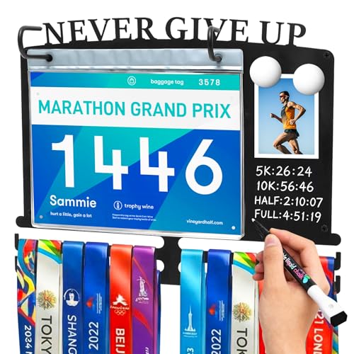 GHWMYD Porte Medaille, Support Medaille Running Marathon pour Photos avec Marqueurs, 10 Protections de Dossard de Course en Vinyle, Métal Tableau Médaille,...