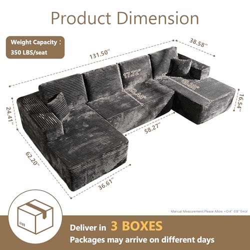 Image of HOOOWOOO Cloud Sectional Couches for Living Room,Modular Sectional Sofa No Assembly,132X62 Inch Plush Corduroy Large U Shaped Floor Couch Set with Deep Seat Double Chaise(Gray)
