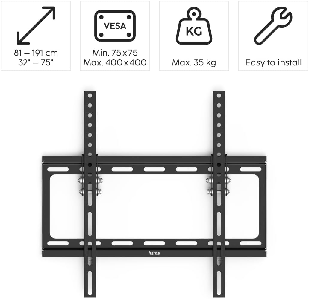Hama TV Wall Mount Tiltable (32-65 Inch TV Mount for TVs up to 35 kg, Max. VESA 400 x 400, Tilting TV Wall Mount with Fischer Dowels and Installation Instructions) Black