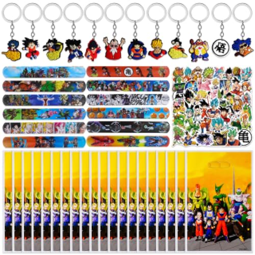 Juego de 94 obsequios para fiestas, 20 bolsas de regalo de Goku + 12 llaveros + 12 pulseras de chupito + 50 pegatinas, para cumpleaños infantiles, regalos, regalos de fiesta de Goku