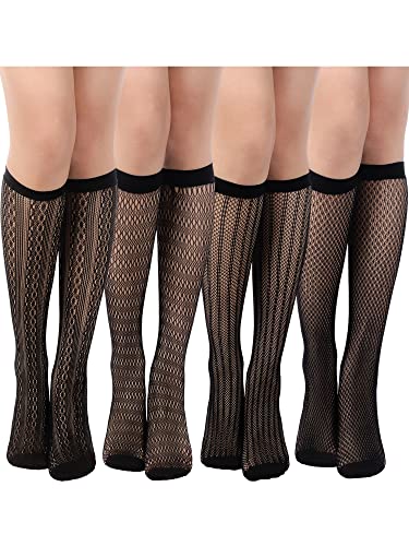 Geyoga 4 Paar Damen Netz Kniestrümpfe Ausgehöhlte Frauen Netzstrümpfe Nylon Netzsocken (Frischer Stil, Einheitsgröße)