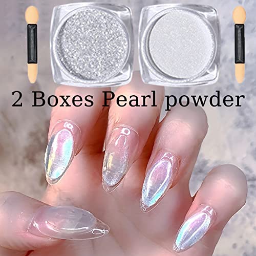 2 Boxes White Pearl Chrome Nail Powder, High Gloss Glitter Nail Art, White Nail Powder Ice Aurora Dust Nail Powder For Manicure Decorations #TOP1