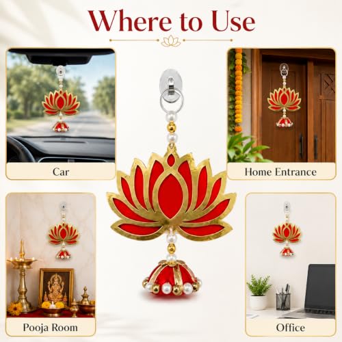 Image of Religious Door Hanging Decor with Pearl Beads & Tassel, Wooden Wall Hanging for Home Temple, Pooja Room, Entrance, Mandir Decoration & Spiritual Gift, Red Lotus