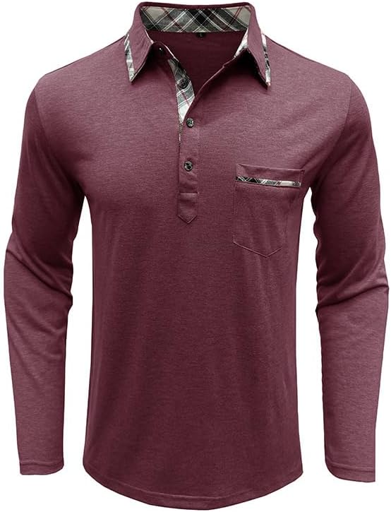 Mens Long Sleeve Polo Shirts Casual Button Moisture Cotton Tees Stylish Tops Golf Shirts with Pocket - Image 3