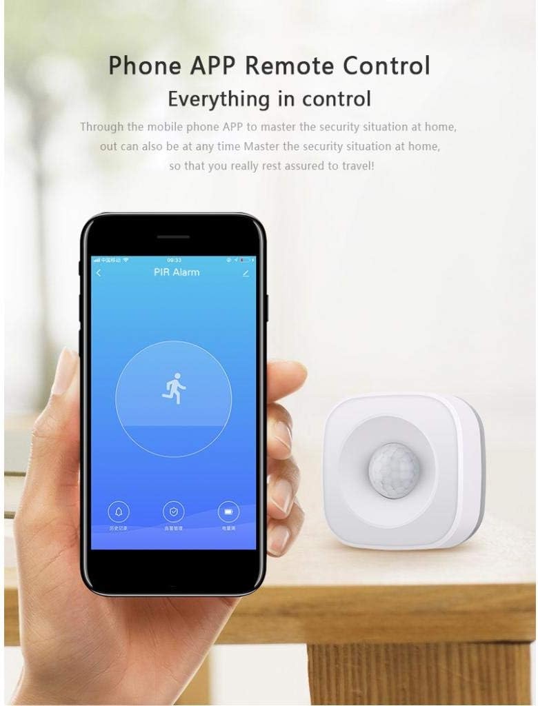 A smartphone displaying the 'PIR Alarm' screen in an app, next to the motion sensor, illustrating remote control and monitoring.