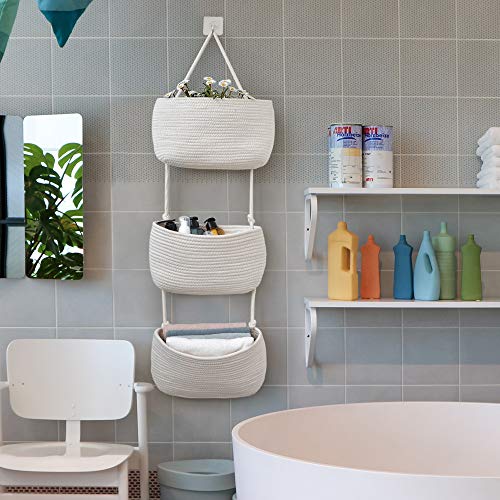 JS HOME Cotton Over Door Hanging Basket, 3 Wall Mount Hanging Organizer, Magazine Racks, Wall Hanging Baskets, Decorative Hanging Storage Basket for Living Room, Bathroom and Bedroom, White - Thumbnail 6