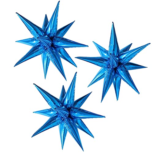 Image of 3pcs 26inch 3D Explosion Star foil balloon, Blue Foil Cone Star burst Balloons for Birthday Wedding New Year Party Event