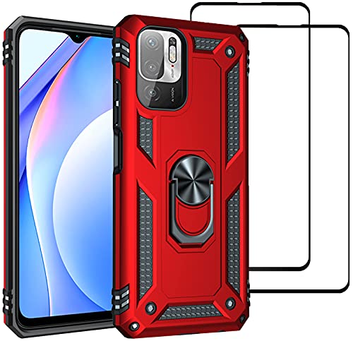 SHYXGLON Case for Xiaomi Redmi Note 10 5G and [2 Screen Protector] Military Grade [360°Magnetic Ring Holder] Hidden Bracket Slim Tough Shockproof Armor Cover for Redmi Note 10 5G (Red)