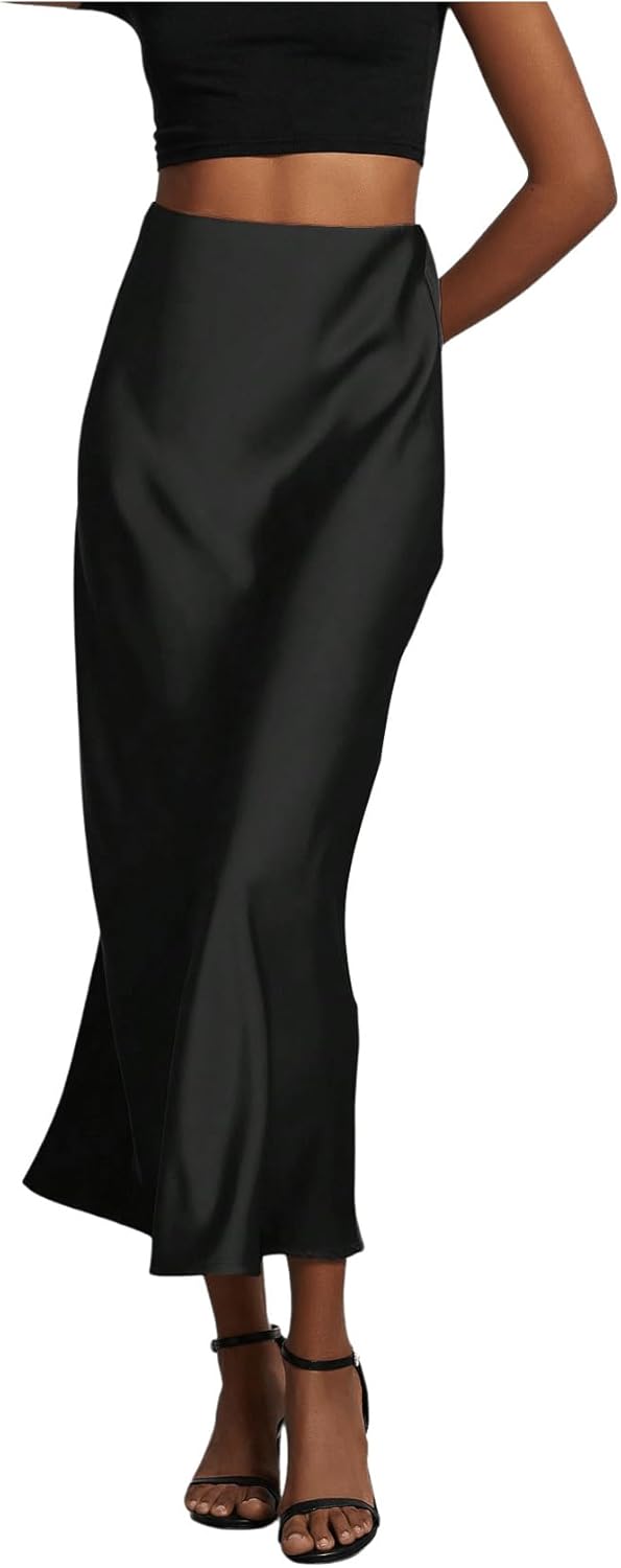 SHENHE Women's Satin Maxi Skirts High Waisted A Line Long Skirts Elegant Office Skirts