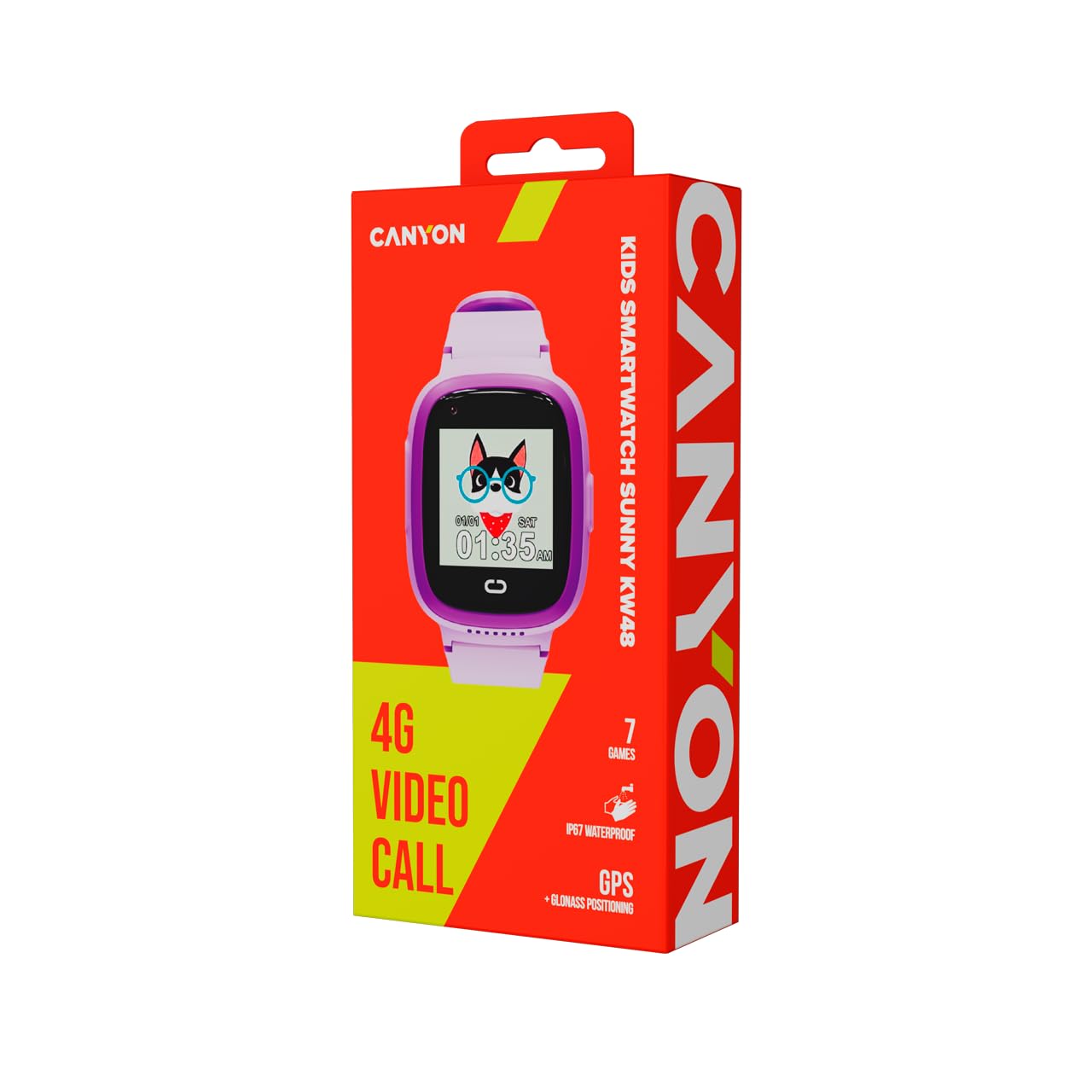 CANYON Sunny KW-48 4G Montre Intelligente GPS pour Enfants avec appels vidéo, appels vocaux, Jeux, Lecteur de Musique, Appareil Photo, Nano-SIM, étanche IP67, Violet