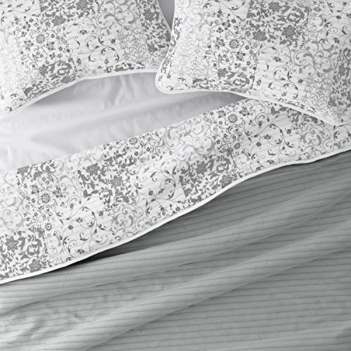 Merit Linens Gray 3-Piece King/Cali King Quilt Comforter With 2 Shams | Lightweight, All-Season, Paisley Stitched Bedspreads | Modern Coverlet Sets - Scrolled Patchwork/Light Gray #TOP4
