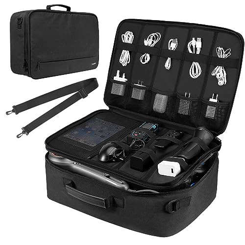 Extra Large Electronics Organizer Travel Case, Double Layer Large Capacity Carrying Case with Shoulder Strap, Travel Gifts for Men, Waterproof Electronic Accessories Storage Bag for Cable, Black